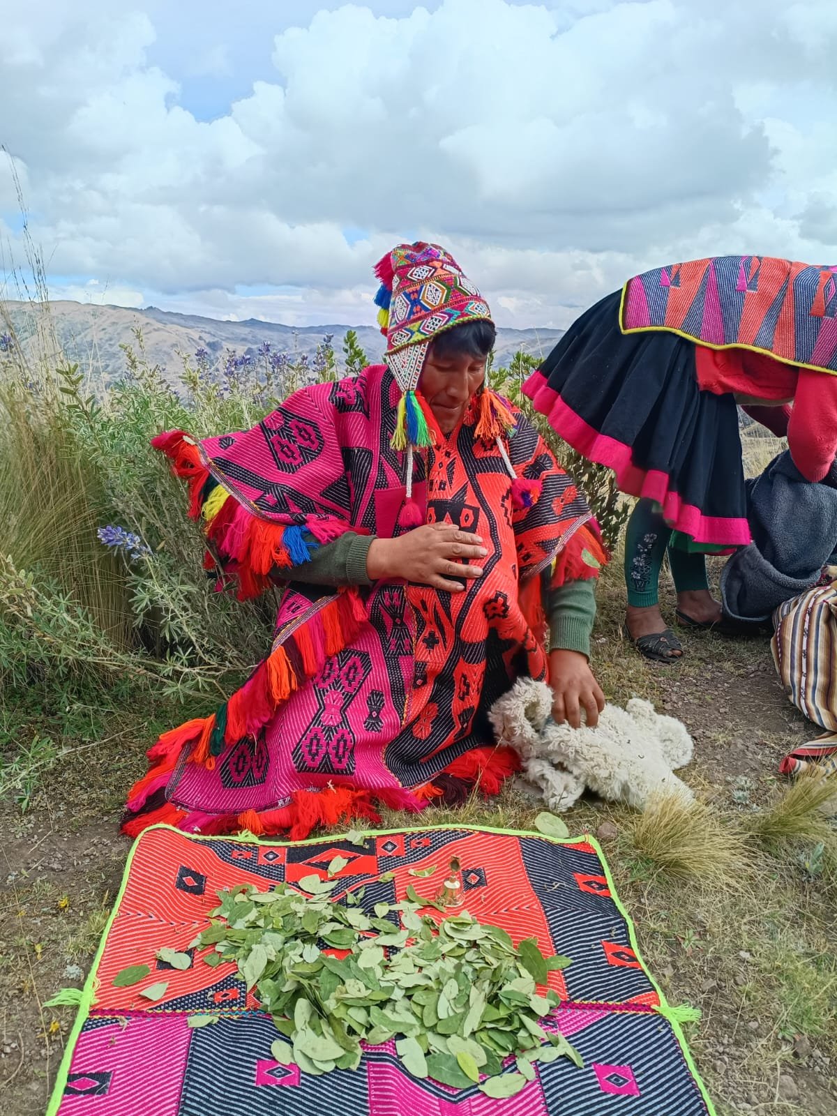 Ceremonia andina con hojas de coca junto a la Nación Q'ero